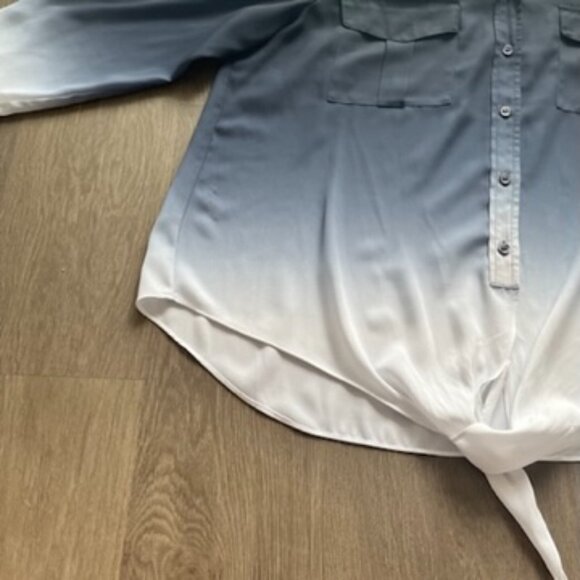 INC Blue to White Fade Crop Button Down Blouse with Front Tie - Picture 10 of 12
